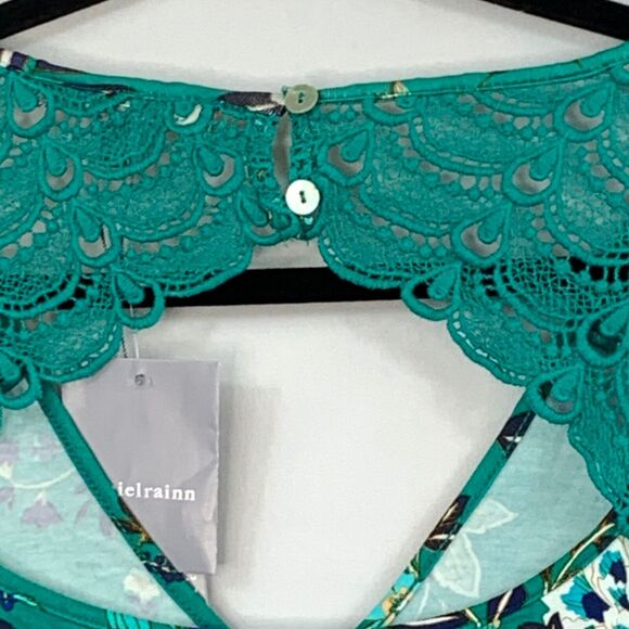 Daniel Rainn Tank Top Women 1X Green Floral Print Fantine Crochet Detail V Neck - Picture 12 of 14